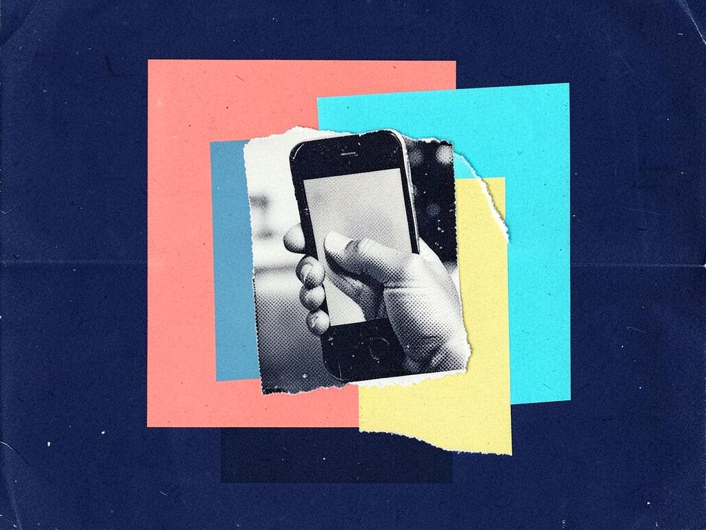 Colagem de uma mão segurando um celular sobre formas geométricas
